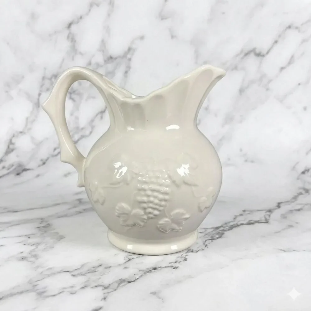 1950s Artmark Japan White Ceramic Pitcher Grape Leaf Embossed FLAW READ